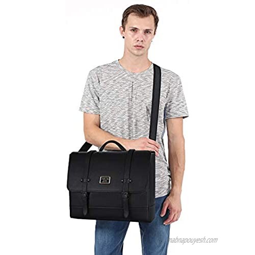 MOSISO Mens Laptop Shoulder Messenger Bag 15.6 Inch Waterproof PU Leather Briefcase Large Satchel Durable Office School Business Bag Compatible MacBook Notebook Computer with 2 Front Buckle Black