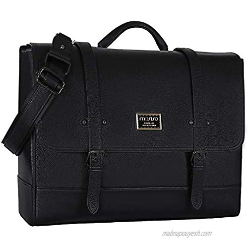 MOSISO Mens Laptop Shoulder Messenger Bag  15.6 Inch Waterproof PU Leather Briefcase Large Satchel Durable Office School Business Bag Compatible MacBook Notebook Computer with 2 Front Buckle  Black