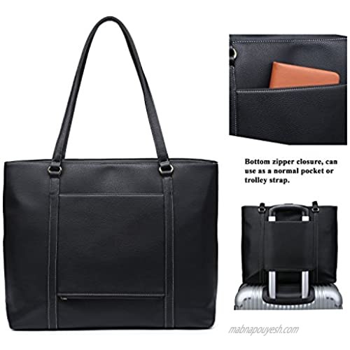 NNEE Classic Laptop Leather Tote Bag for 15 15.6 inch Notebook Computers Travel Carrying Bag with Smart Trolley Strap Design - Black