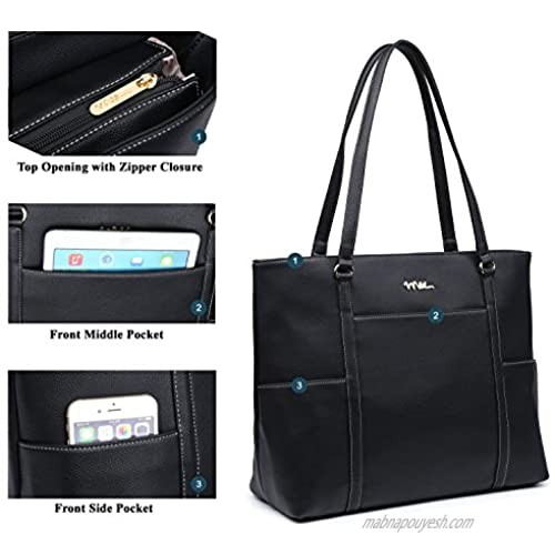 NNEE Classic Laptop Leather Tote Bag for 15 15.6 inch Notebook Computers Travel Carrying Bag with Smart Trolley Strap Design - Black