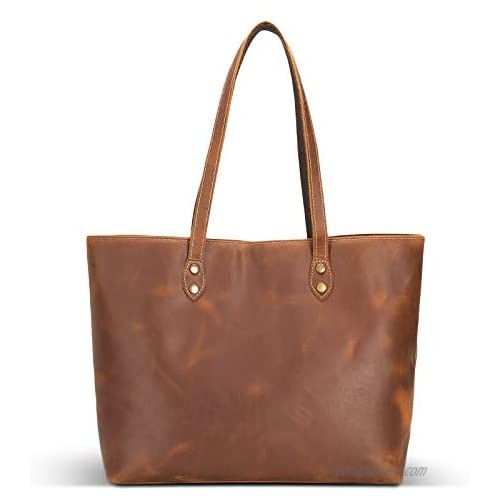 Polare Vintage Full Grain Leather Laptop Tote Shoulder Bag for Women 15.6 Inch Computer Handbag Work Bag Purse