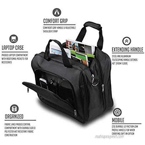 Travigo 15.4 Wheeled Laptop Messenger Bag | Telescopic Handle | Comfort Grip | Adjustable Shoulder Strap | 2.5 Wheels | 600D Polyester Lining | Fabric Lining