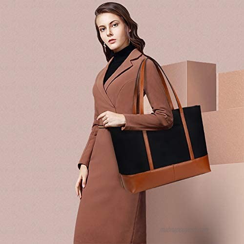 YALUXE Genuine Leather Laptop Tote for Women Shoulder Bag Nylon fit 15.6 inches Large Capacity Vintage Style Soft Work